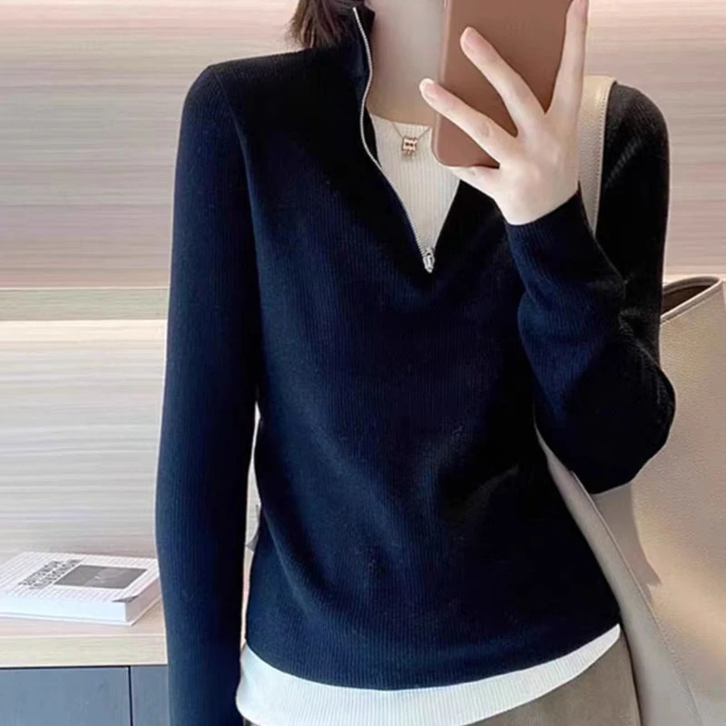 新款假两件拼接半拉链立领秋冬针织衫女秋季长袖时尚打底衫上衣