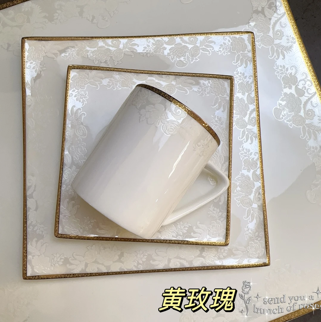 【黄玫瑰】奶黄色浮雕玫瑰花高级轻奢！高档45%骨瓷餐具三角碗造型款