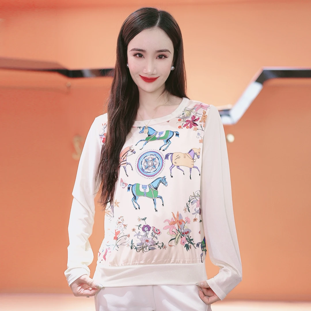 【真丝】‘’千里马‘’桑蚕丝印花上衣真丝绒长袖轻奢打底衫卫衣外套女