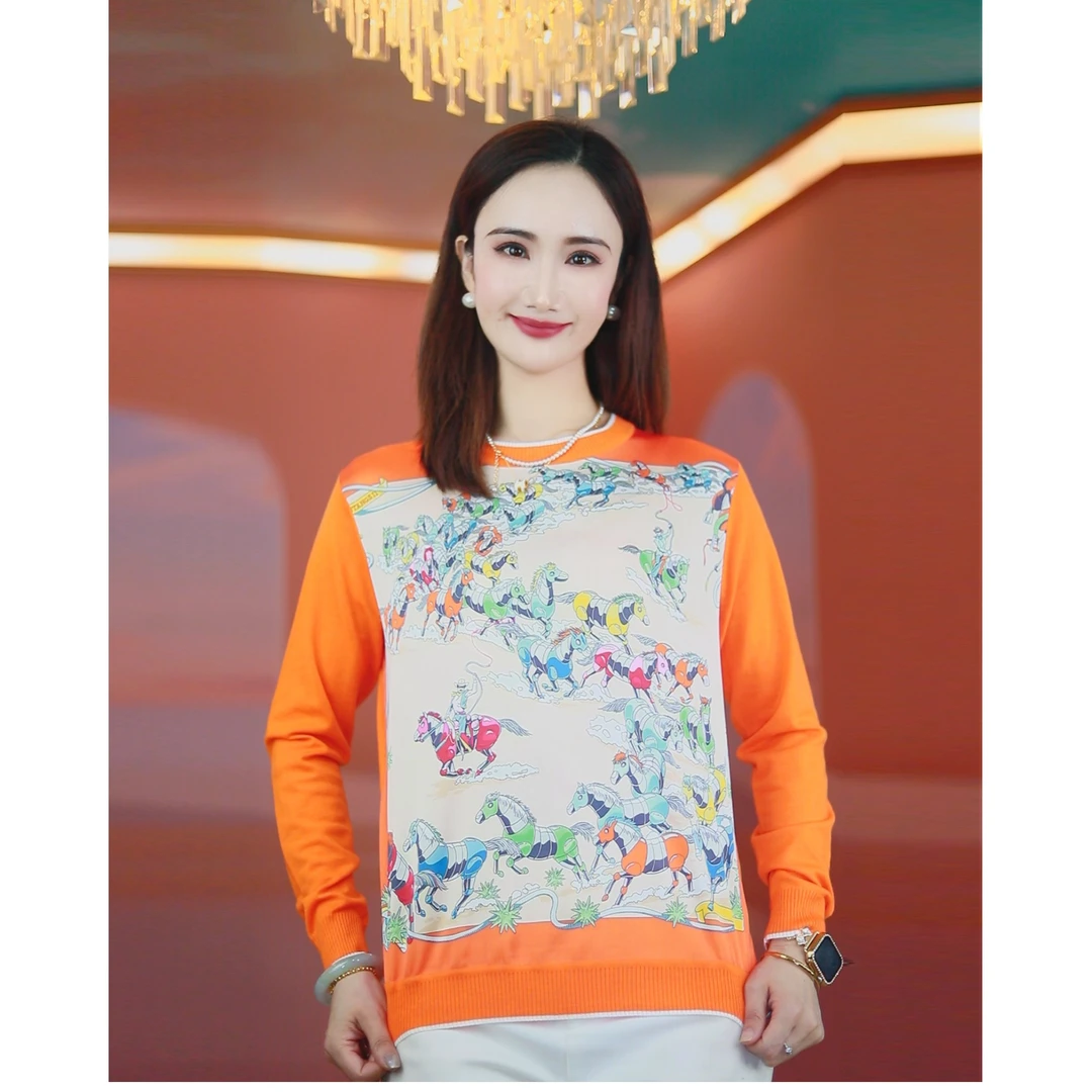 "万马奔腾"桑蚕丝拼接羊毛衫 真丝印花+绢丝羊毛手工缝盘针织衫女