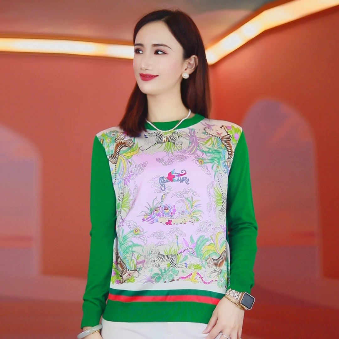 "花丛老虎"桑蚕丝拼接羊毛衫 真丝印花+绢丝羊毛手工缝盘针织衫