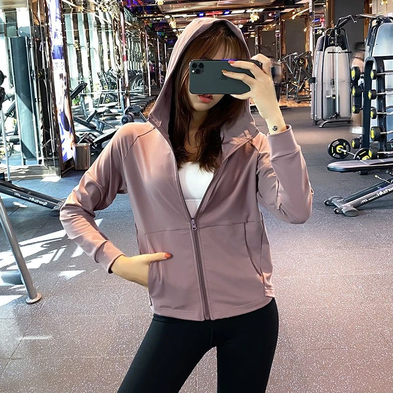 连帽拉链运动外套女宽松大码速干瑜伽服上衣跑步训练健身服长袖女