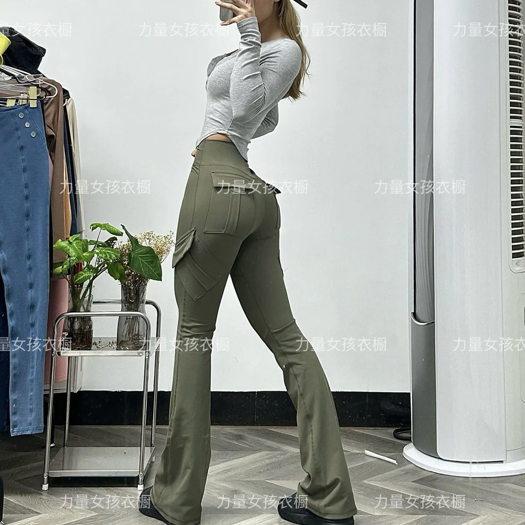 微喇瑜伽裤女高腰蜜桃运动健身裤紧身多口袋休闲工装裤裸感喇叭裤