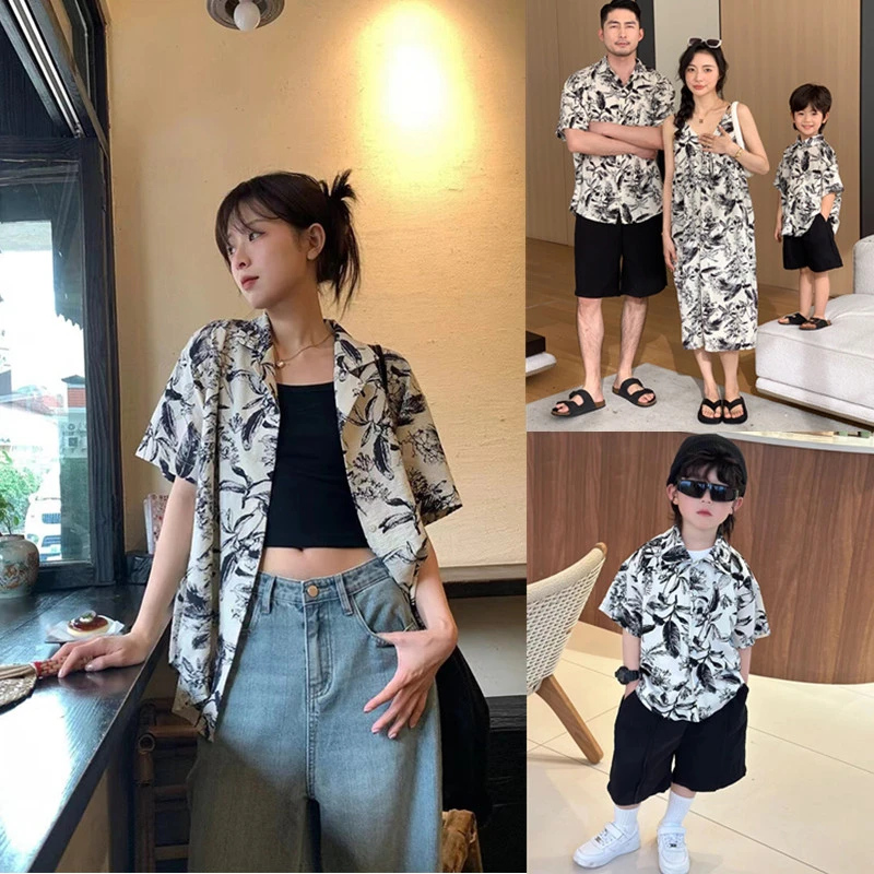 海边度假沙滩亲子装一家三口夏威夷衬衫宽松复古港风雪纺母子衬衣