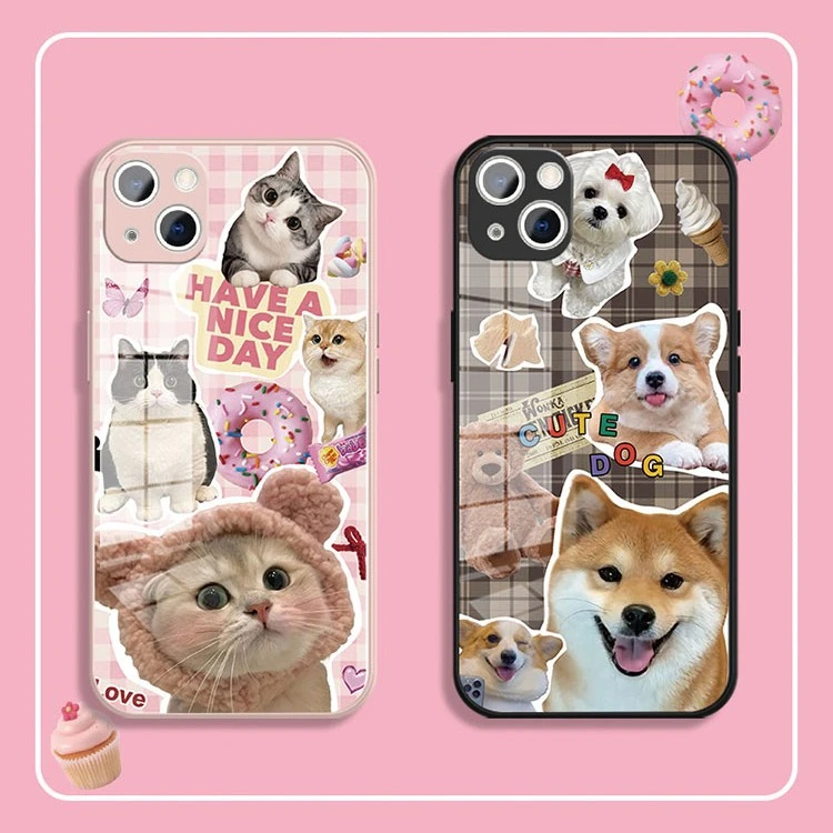 适用于苹果/华为/小米/OPPO/VIVO新款可爱拼贴猫咪狗狗情侣手机壳