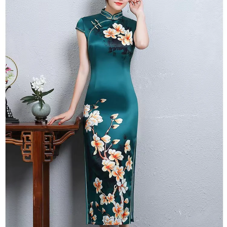 衣长130尺码L一件定位印花双层内衬走秀复古旗袍