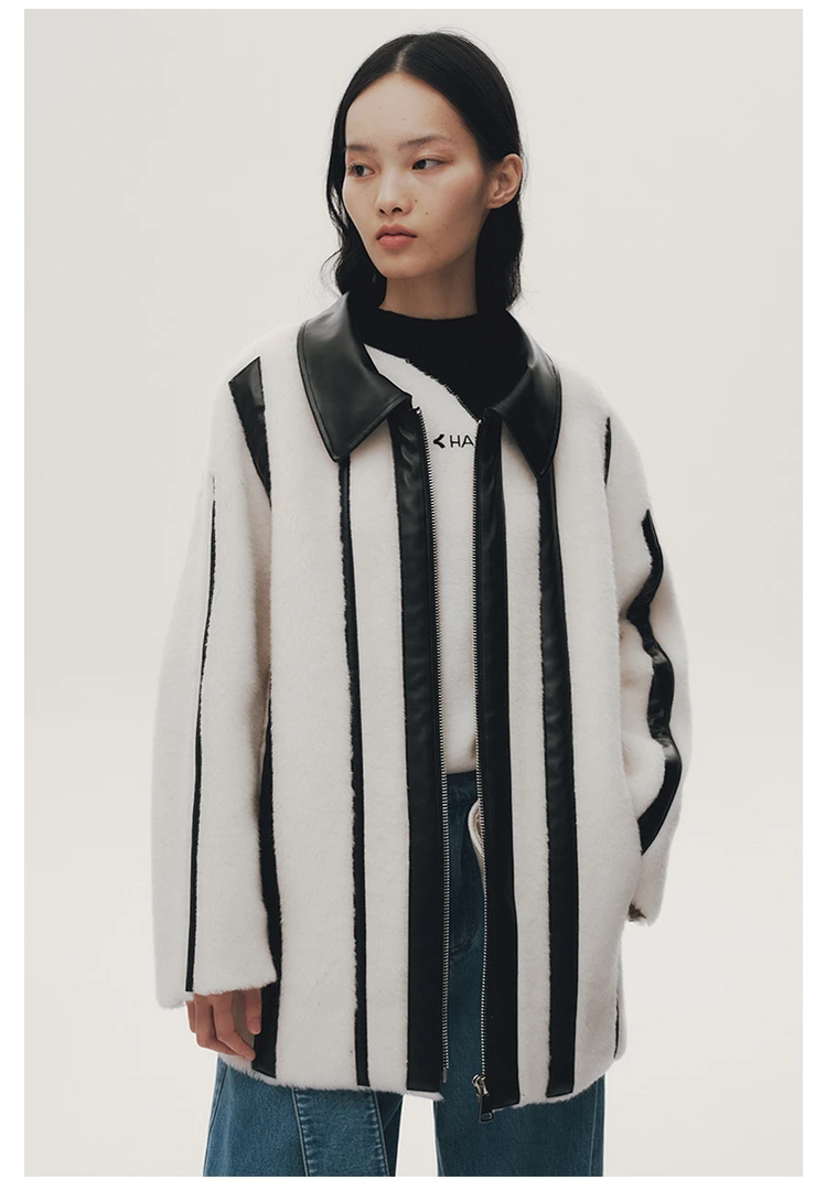夹生 HALF MADE 2024秋冬新品 羊毛条纹拼接大衣