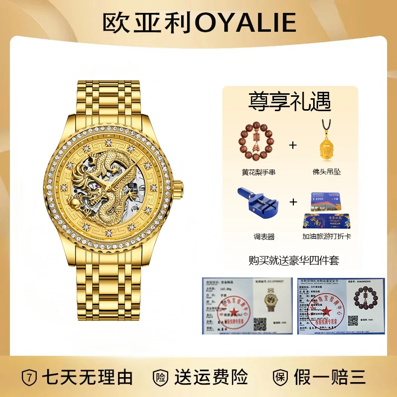 【百万补贴】大金龙全自动高端机械镂空夜光防水镶钻真金男腕表-CZD