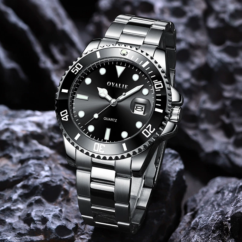 OYALIE/欧亚利黑水鬼单转圈全钢表带防水夜光高档奢华男款-元施斌