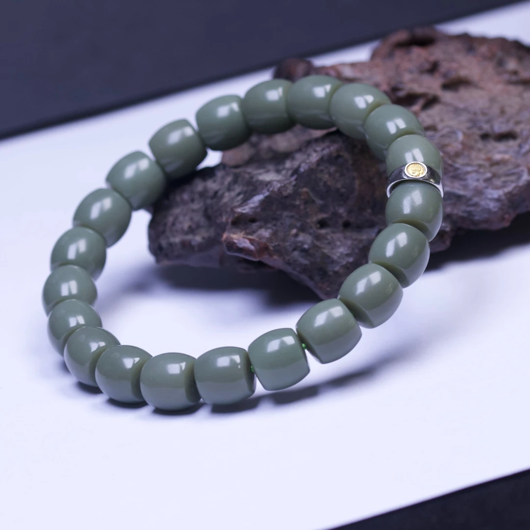 和田玉沙枣青10mm左右直切极限弧单圈手串豆青蓝调玉手串古朴