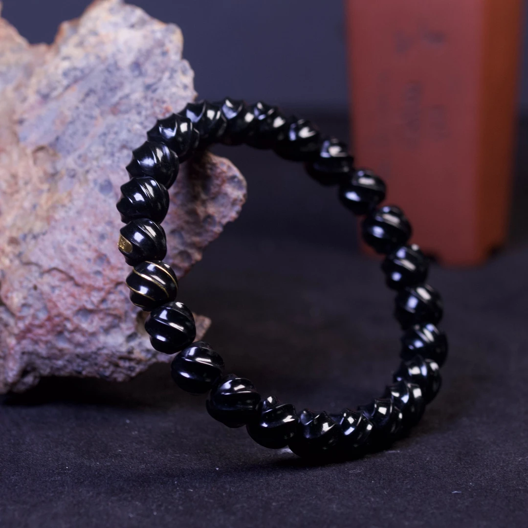 和田玉手串黑青喜旋珠精工金银错错金单圈手串