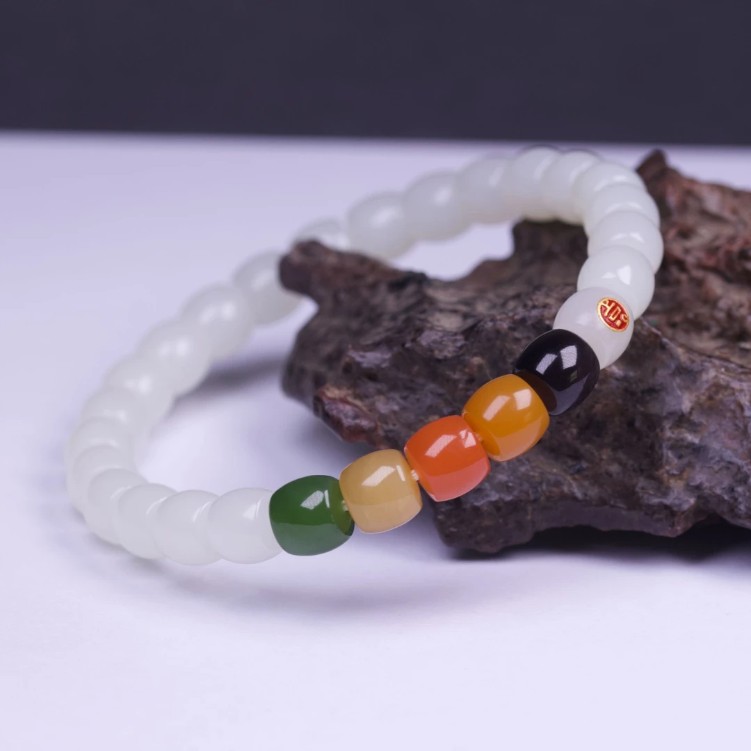 和田玉手串白玉直切极限弧工艺多巴胺彩虹配色男女同款