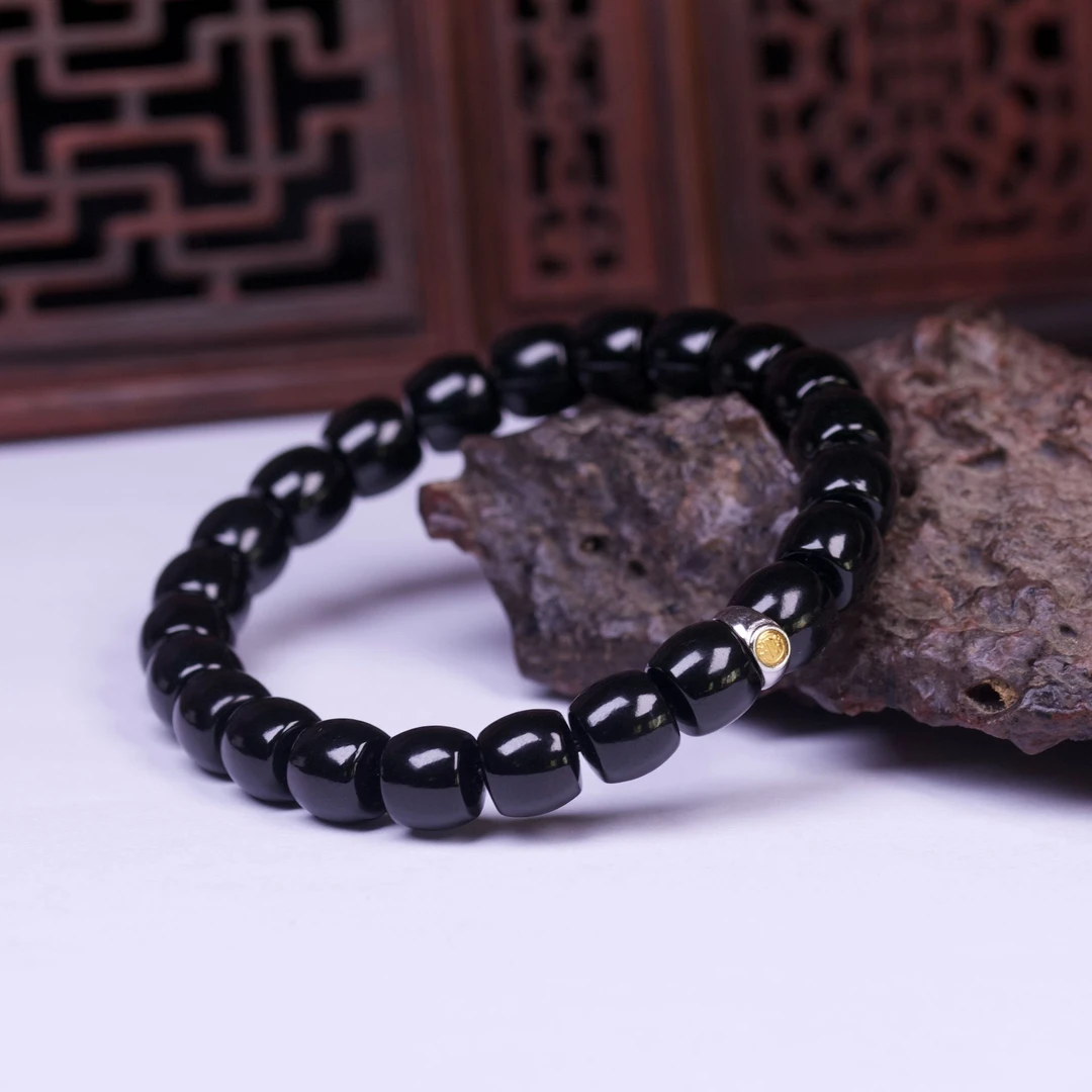 和田玉手串黑青单圈黑羊脂直切老型文玩墨玉黑色玉石大气深邃感