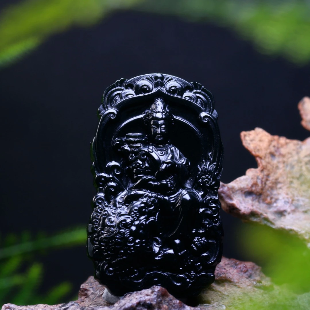 和田玉黑青留皮普贤文殊菩萨挂牌吊坠生肖守护佛牌精雕男士佛牌