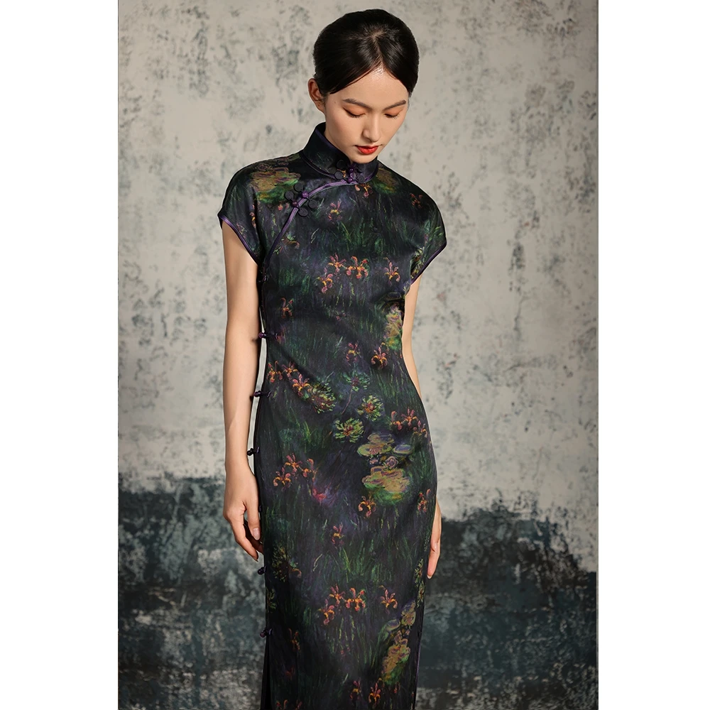 十六梅《空兰幽谷》100%桑蚕丝45姆米重缎香云纱真丝古法旗袍