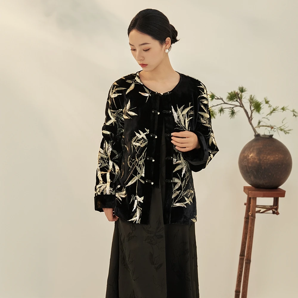 十六梅《倦春空》100%桑蚕丝新中式黑色外套真丝丝绒春秋唐装女