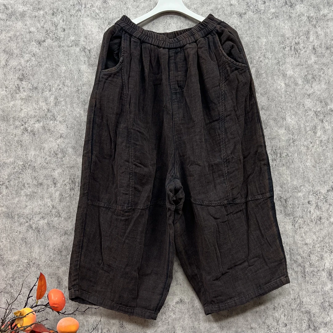 亚麻阔腿裤休闲复古红色宽松纯色松紧腰百搭做旧均码水洗炒色拼接