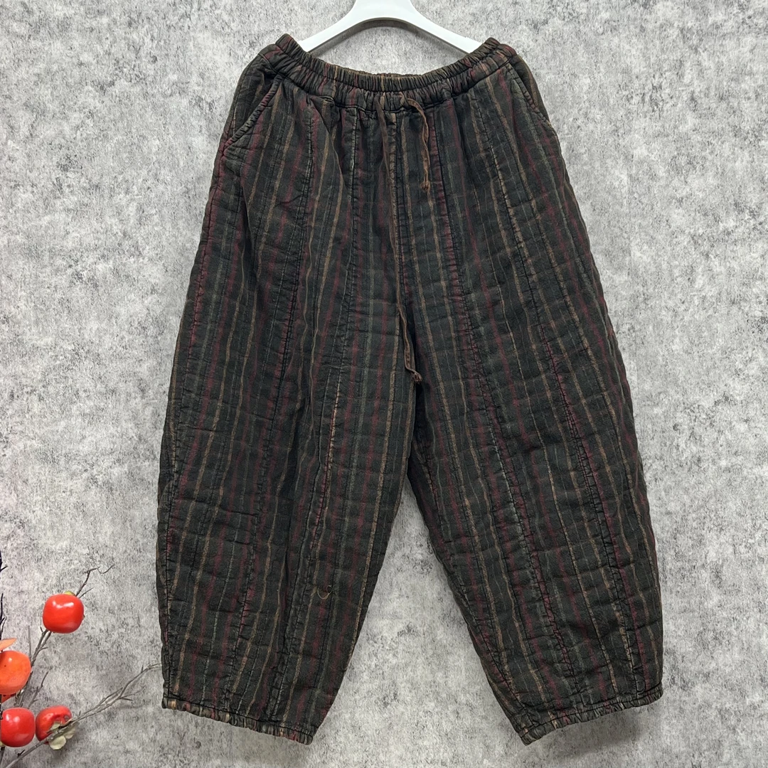 文艺复古格子裤棉裤女时尚休闲百搭宽松南瓜裤松紧系带加厚哈伦裤