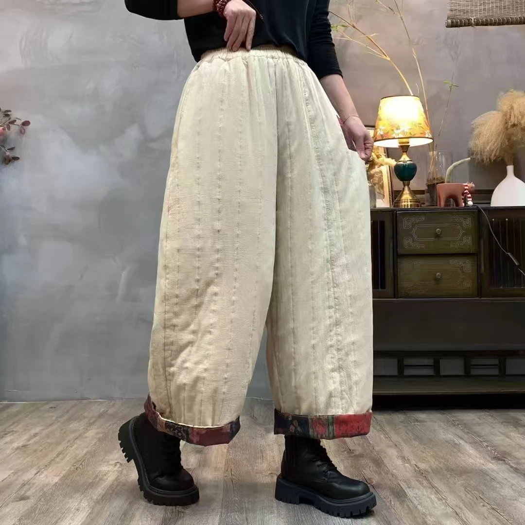 冬季新款宽松休闲百搭贴布加厚直筒国风松紧腰保暖阔腿裤棉裤2024