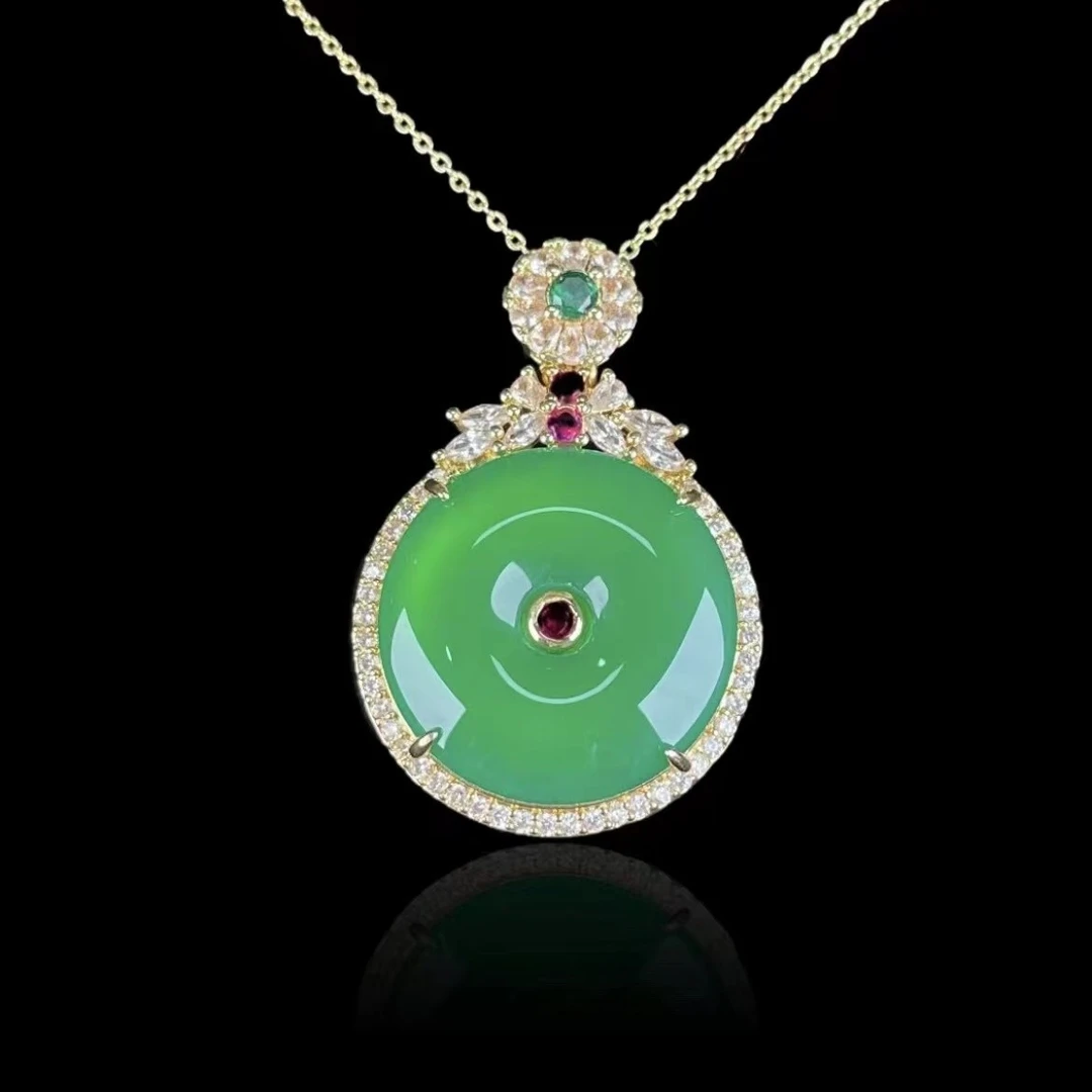 508【平安扣PAKH01-1】天然正品男女用款镶嵌款绿玉髓平安扣吊坠