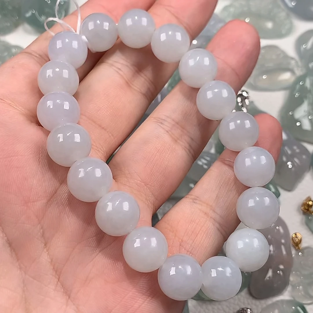 天然缅甸翡翠A货浅紫底色卡12珠串手链冰透水润精致珠宝珠珠素圈