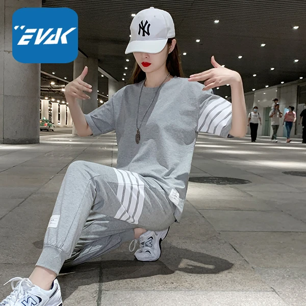 EVAK2025夏季新款小个子运动服套装女休闲条纹短袖高档长裤两件套