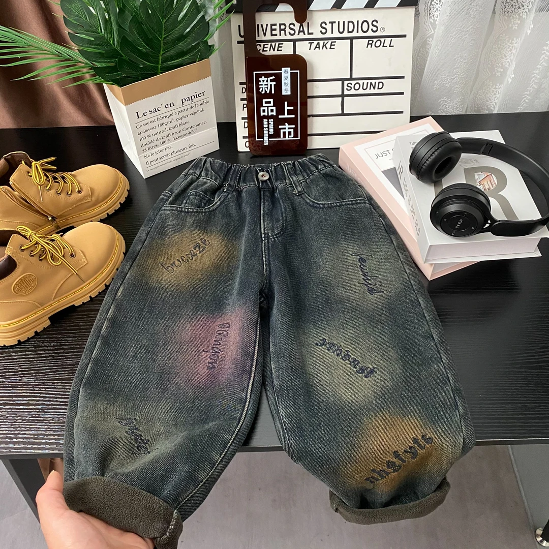 2024冬季男童时尚洋气韩版潮款加绒加厚一体绒刺绣字母保暖牛仔裤