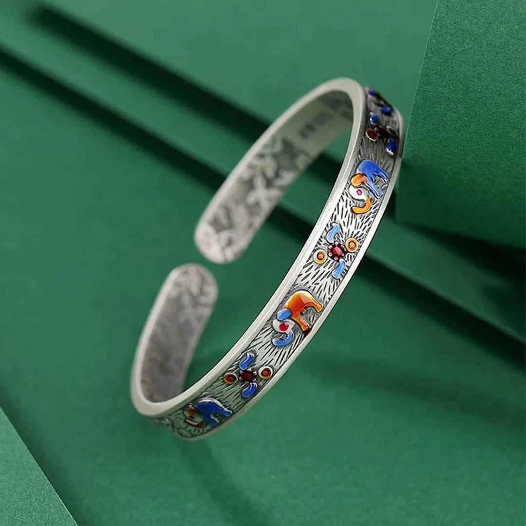 足银手镯 吉象珐琅景泰蓝小象手镯新中式手工银大象镯子彩色镯子