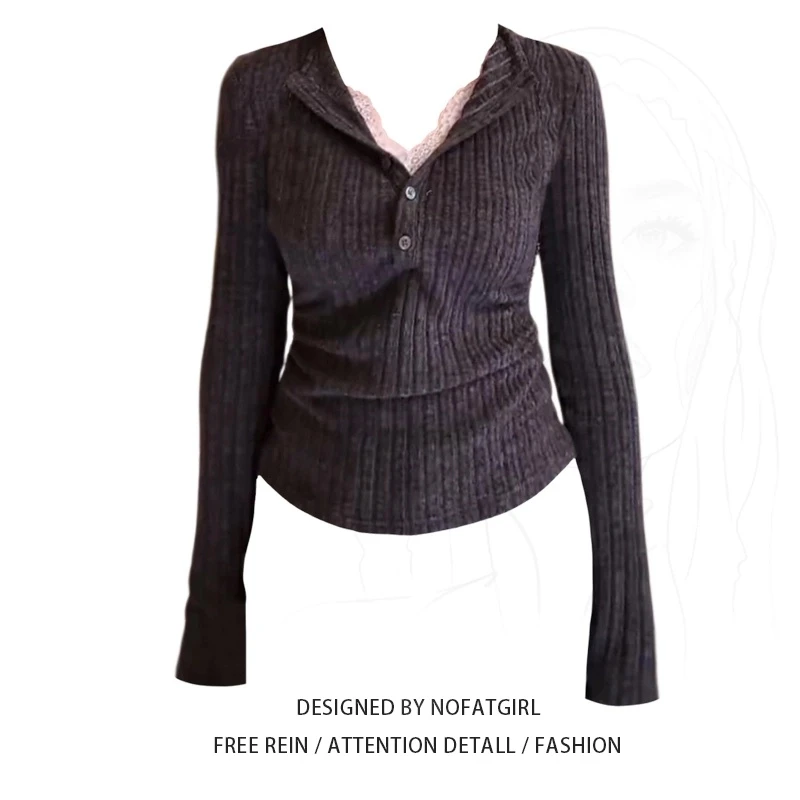 【现货】甜辣妹深灰色假两件蕾丝长袖针织衫女秋季修身显瘦上打底衣