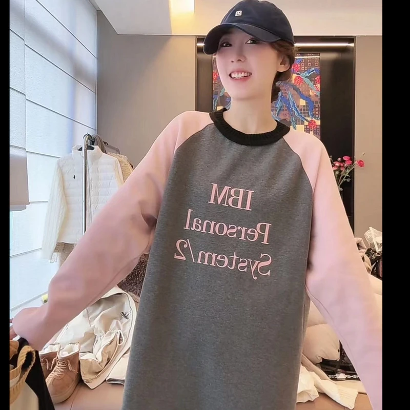 徐靖靖【自由派】韩版休闲慵懒字母插肩袖圆领加厚磨毛打底衫上衣