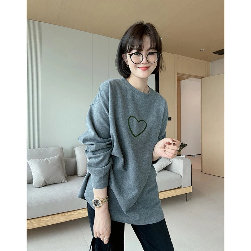 秋冬加厚磨毛爱心刺绣字母中长款T恤打底衫