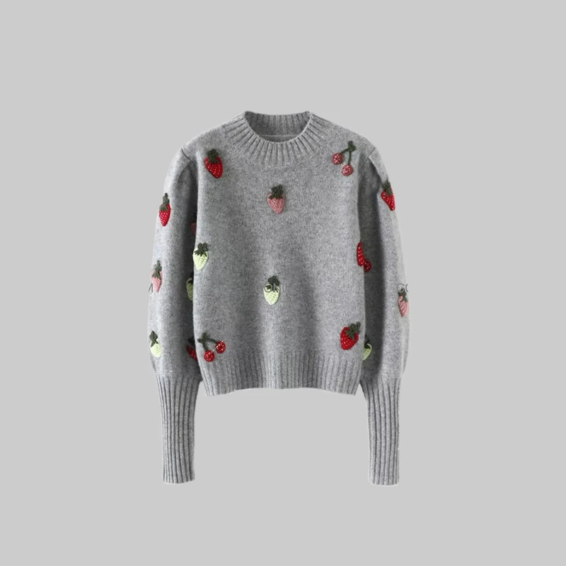 "酸甜莓莓‘’2024新款秋冬钩花草莓半高领气质毛针织衫衣套头女