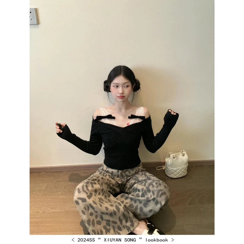 【现货】韩系辣妹蕾丝拼接长袖针织衫女春秋修身显瘦绝美打底短上衣