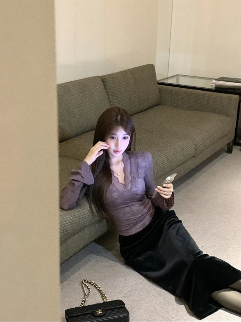 【经典碰撞】时尚设计感蕾丝T恤性感气质打底衫修身显瘦镂空上衣