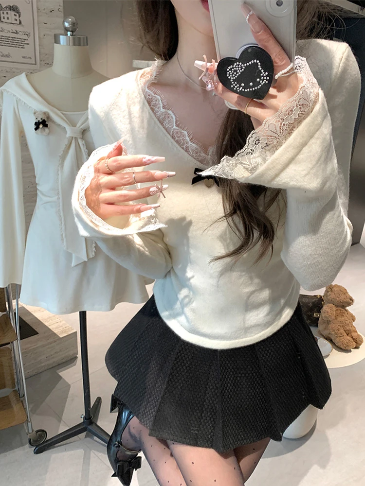 【现货】慕斯奶芙绵羊毛混纺V领收腰针织衫秋冬磨毛修身内搭打底衫