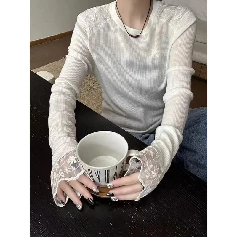 欧货圆领套头蕾丝拼接针织衫小众慵懒风打底衫休闲通勤上衣女
