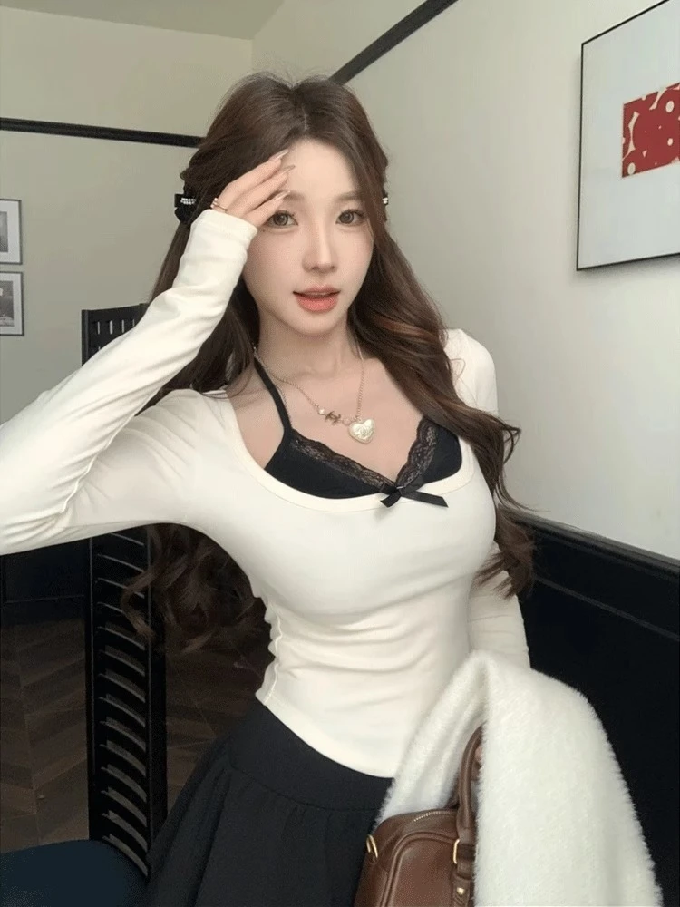 韩系纯欲风蕾丝拼接长袖t恤女秋季蝴蝶结修身显瘦内搭打底衫上衣