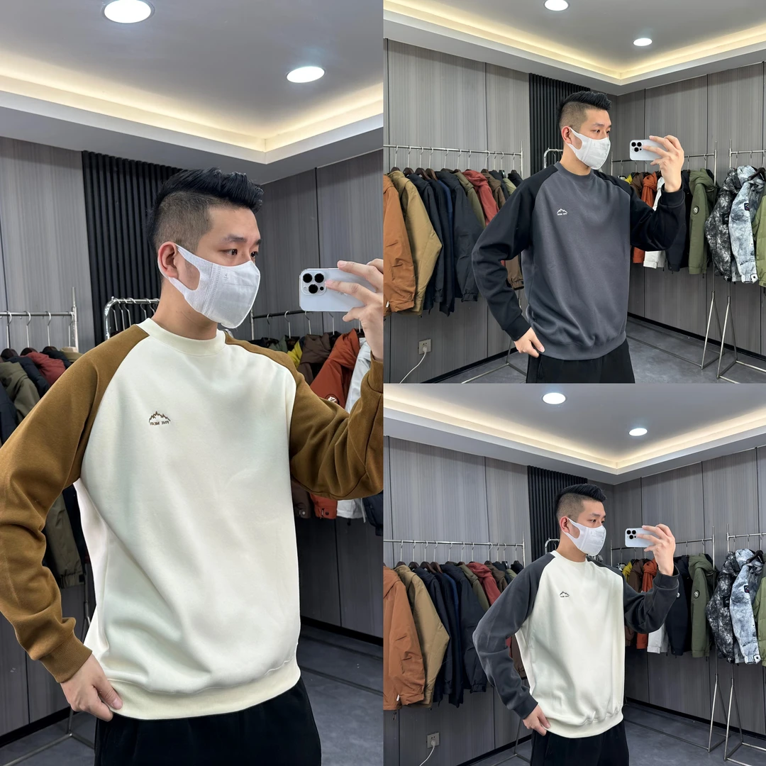 潮牌拼接加绒卫衣男2023秋冬季新款圆领百搭套头休闲加厚打底衫