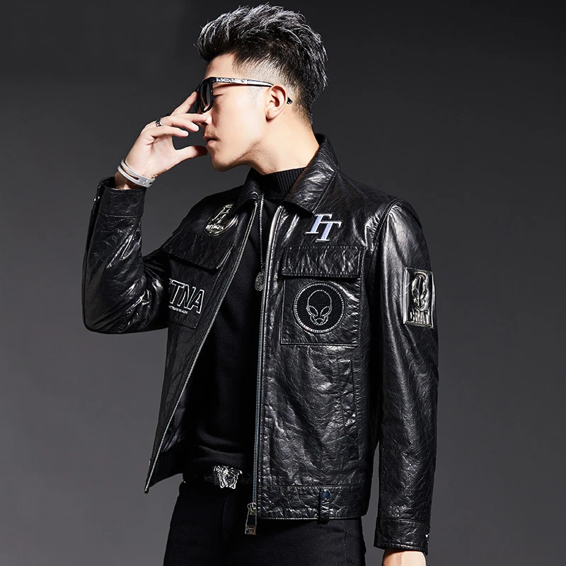 海宁新款真皮皮衣男士翻领百搭时尚修身皮夹克绵羊皮外套真皮皮衣