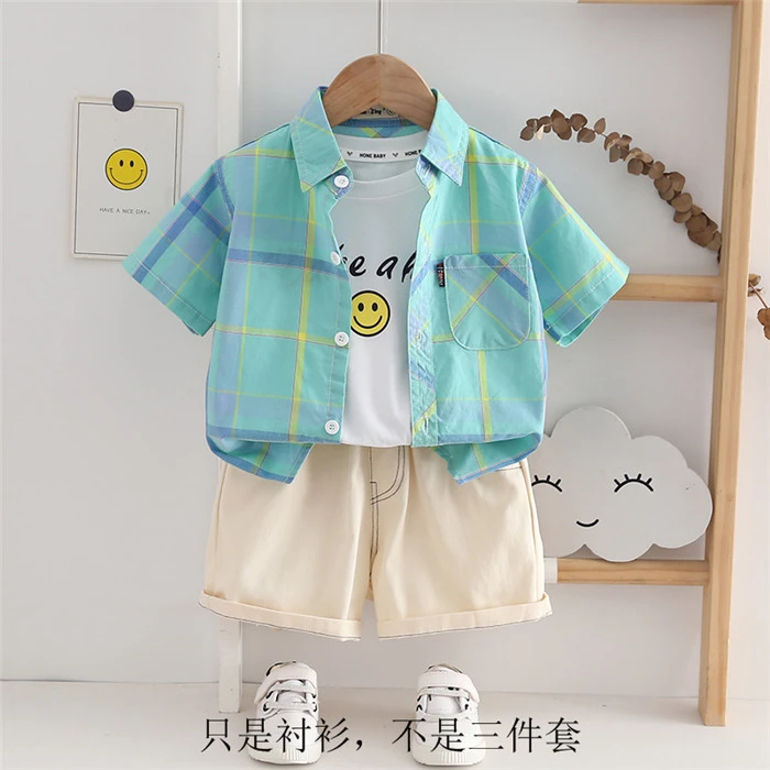 男童短袖衬衫夏季上衣薄款全棉2-9岁儿童格子衬衣中小童宝宝童装