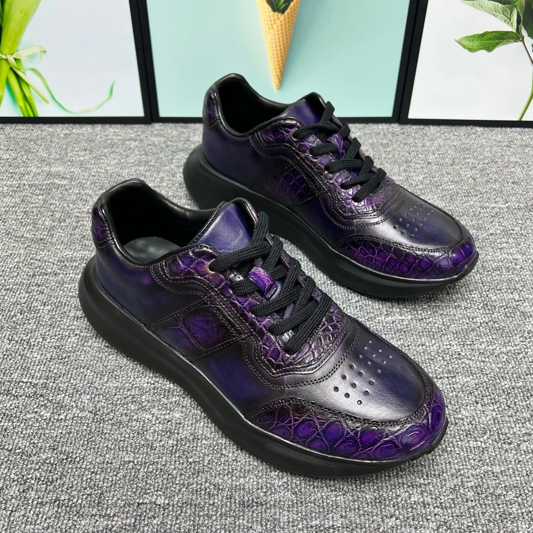 鳄鱼皮休闲运动鞋男士真皮皮鞋透气舒适手工擦色高档鳄鱼皮男鞋