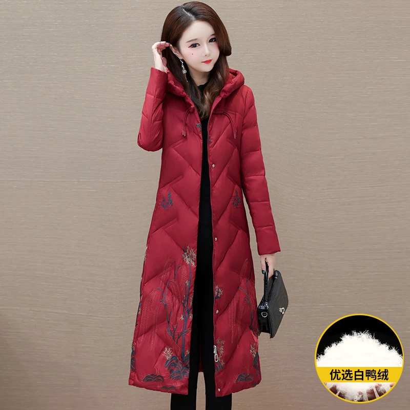 长款羽绒服女款过膝2024年冬季新款显瘦气质高端白鸭绒妈妈装外套