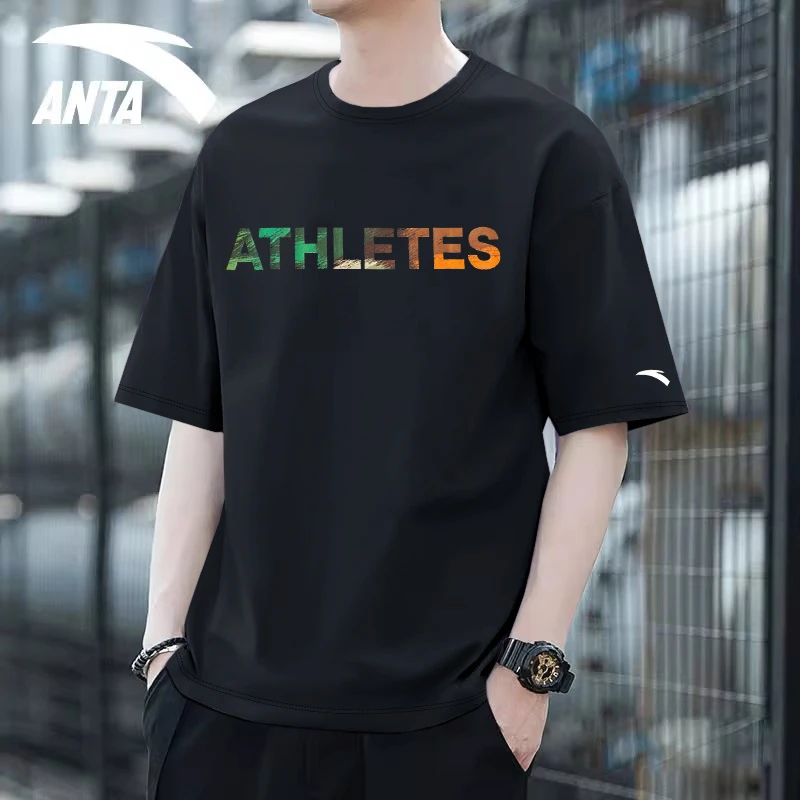 安踏T恤男夏季新款圆领印花短袖透气休闲黑色运动服上衣952528121