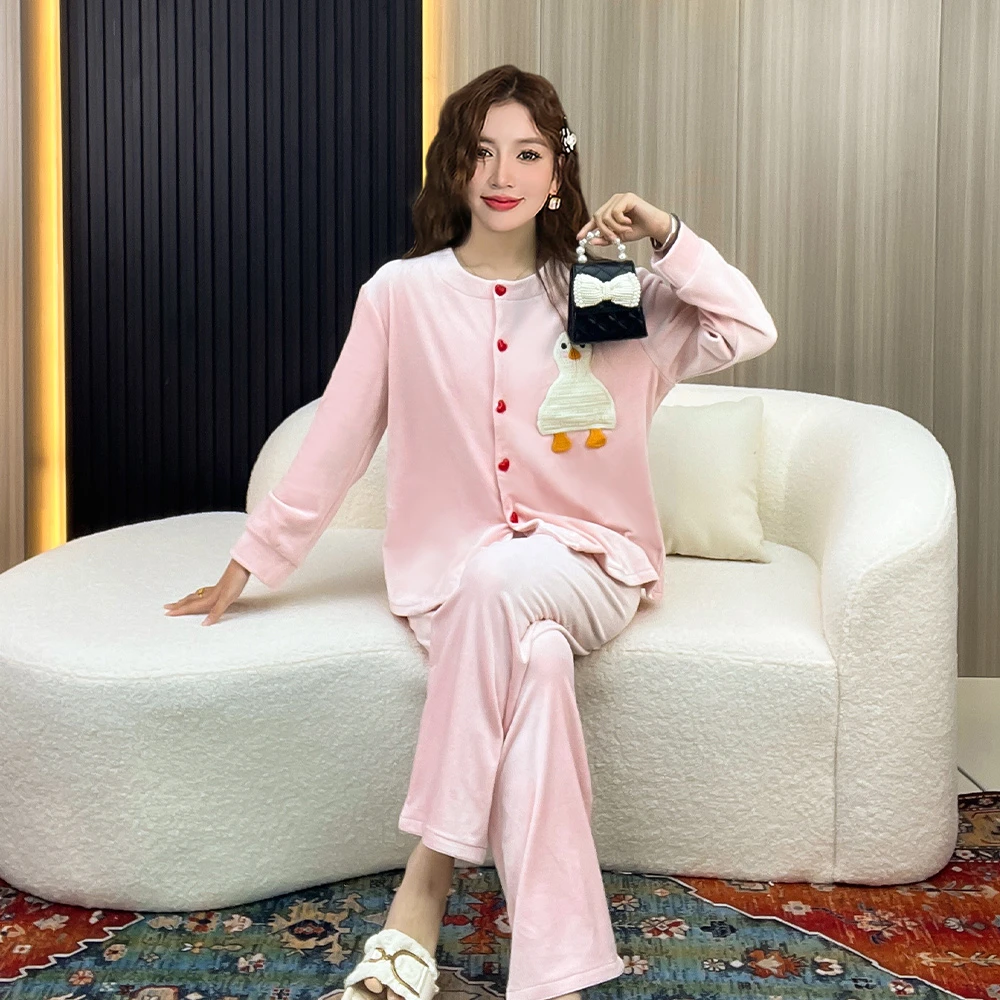 冬季海岛绒睡衣女保暖加厚小香风长袖套装大码宽松秋冬天家居服