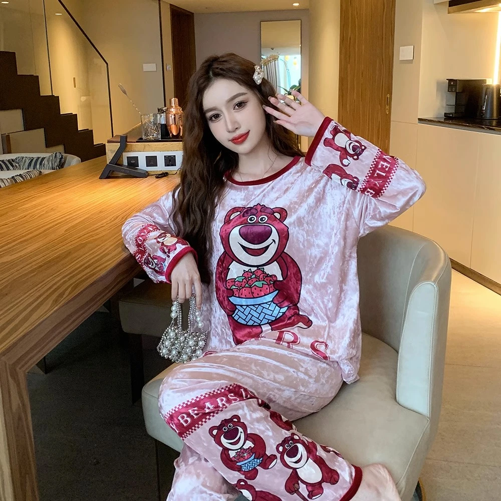 胖MM金丝绒睡衣女大码200斤宽松春秋季卡通家居服套装秋冬可外穿