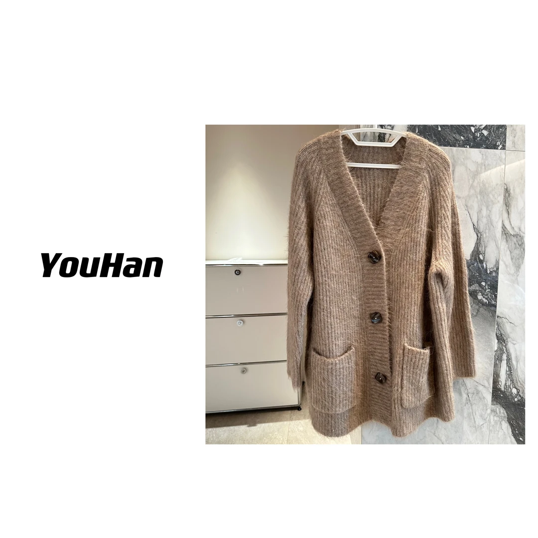 无品牌YouHan2023秋冬简约气质苏力羊驼毛慵懒灰色宽松开衫小香风