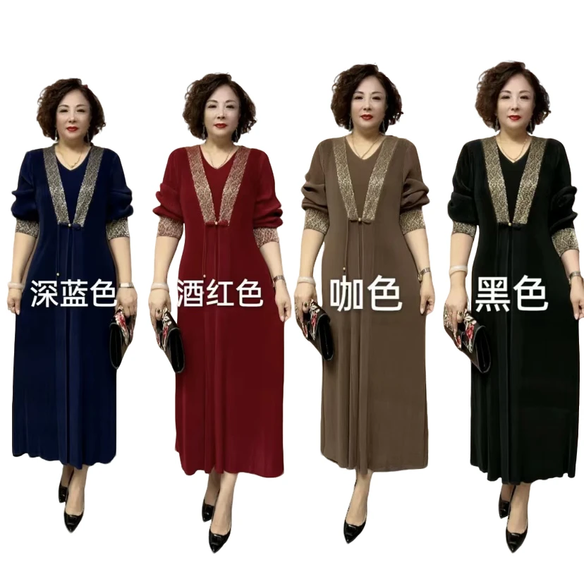 早秋新款妈妈装连衣裙褶皱一体裙弹力时尚百搭显瘦气质优雅