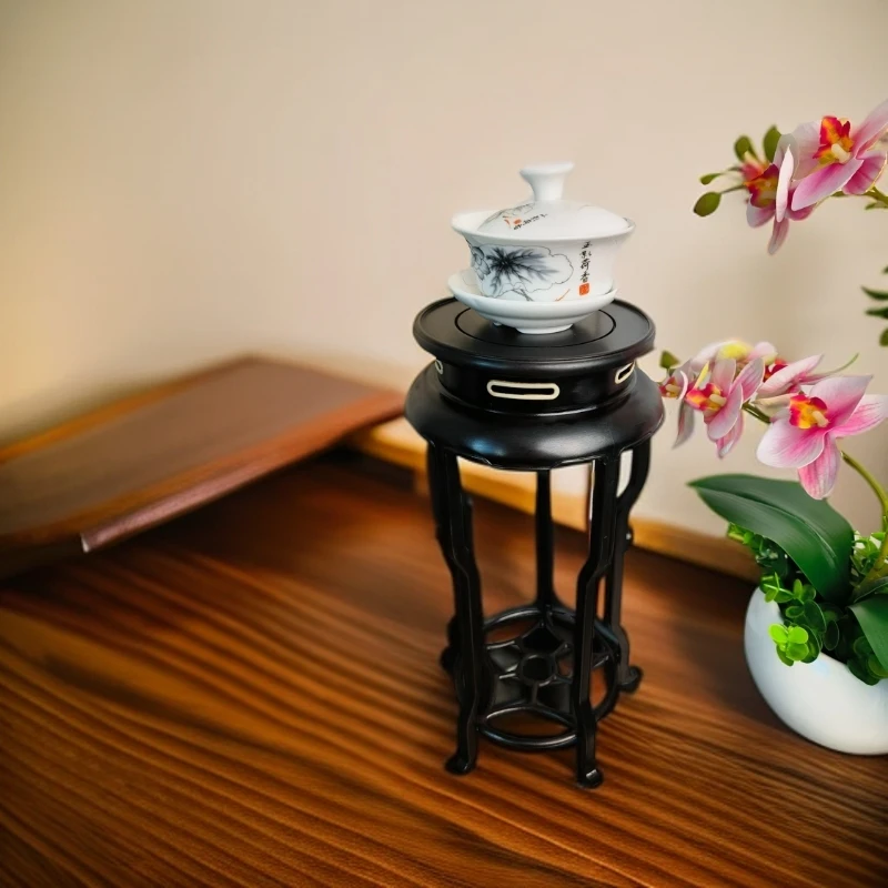 红木紫光檀镶嵌骨明式圆形花几盆景香炉铜器摆件高脚盆栽木底座