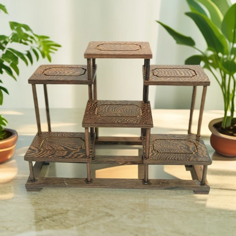 鸡翅木明式六莲台茶壶茶杯收纳架盆景石头花瓶置物架实木红木工艺