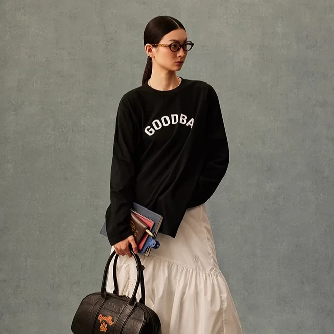 GOODBAI logo印花圆领不规则长袖T恤休闲长袖黑色百搭时尚宽松